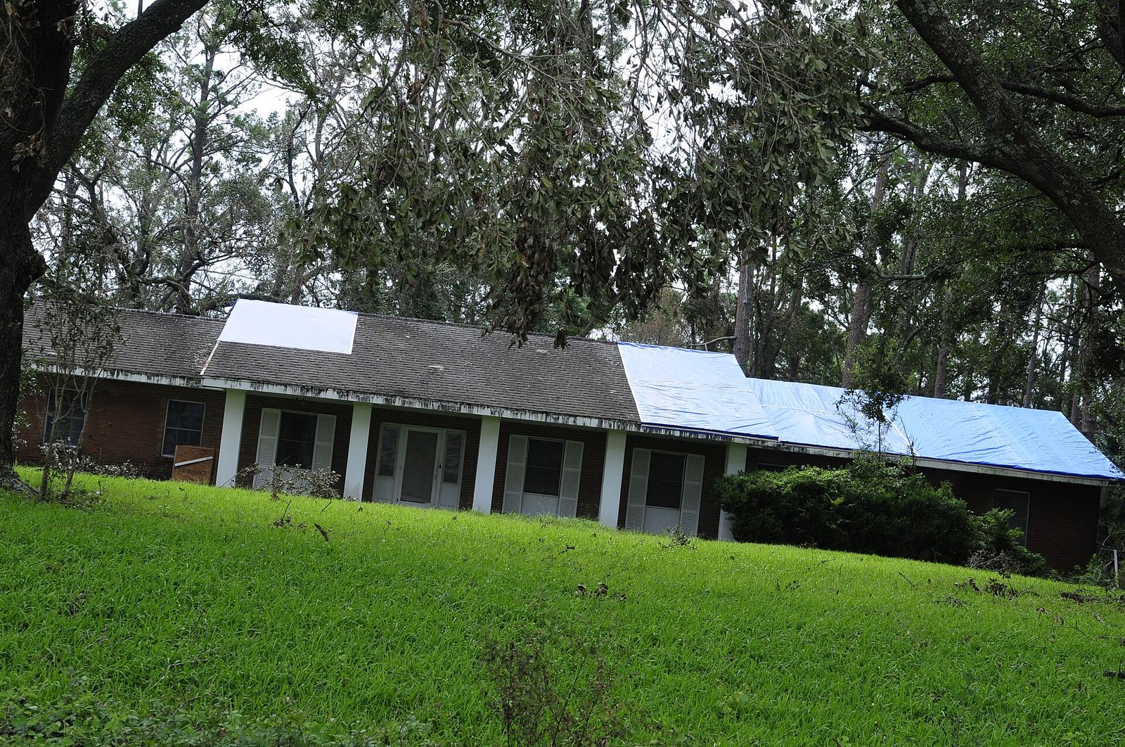 Placeholder. Single-story brick home with two roof sections covered by blue tarps after a storm